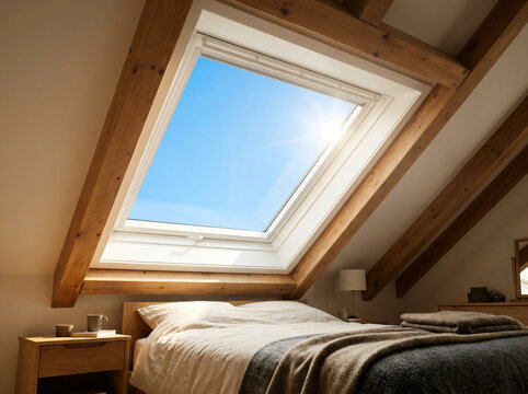 Modern attic bedroom with large skylight | Cozy loft conversion with exposed wooden beams | Bright bedroom interior with natural light roof window