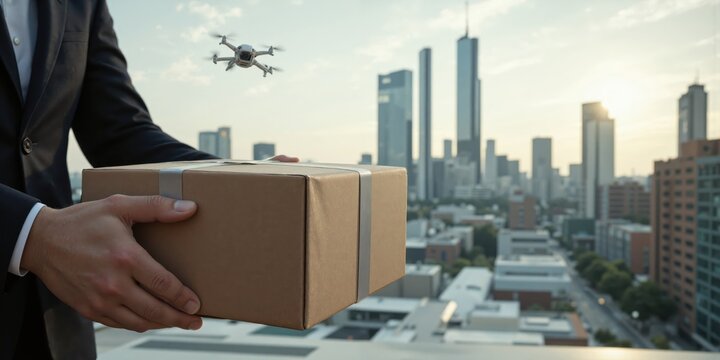 Crowdsourced Delivery - Customer Receiving Package from Drone Delivery Service A customer is receiving a package delivered by a drone