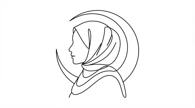 Muslim woman in hijab with crescent moon line art vector icon