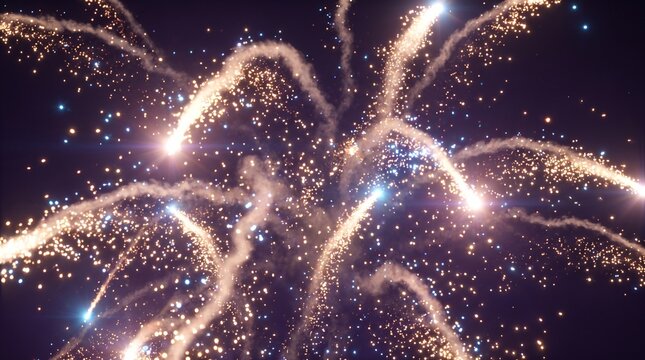 Brilliant golden light trails with glowing particles and smoke effects against a dark background during a celebration