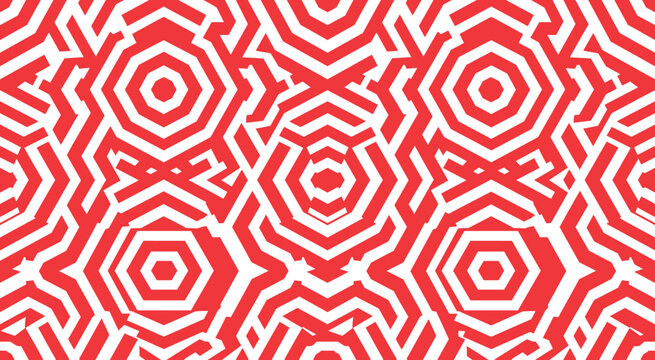 Red and white geometric pattern with repeating abstract shapes on a flat background surface
