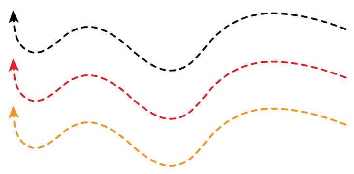 Set of three colorful wavy dashed arrows pointing upwards on a clean transparent background for infographic design elements and web navigational UI graphics
