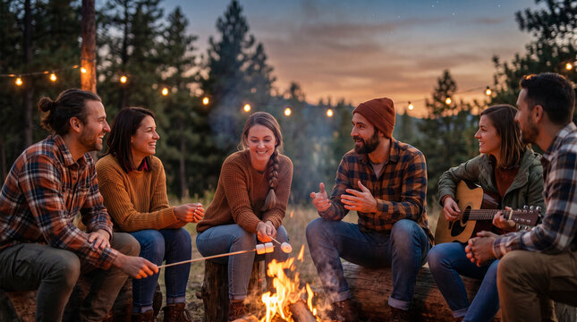 Group of friends gathered around a campfire at dusk in a pine forest, roasting marshmallows and playing guitar. Warm firelight and string lights illuminate their smiling faces against a twilight sky. 