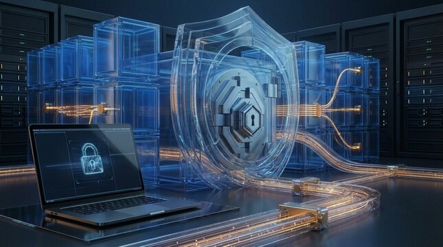 Futuristic Data Vault With Holographic Shield Protection And Secure Fiber Optic Network In Server Room