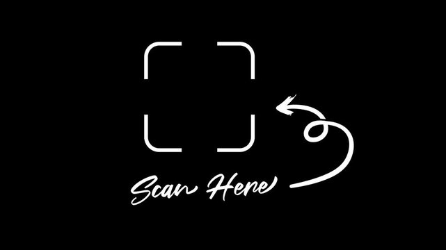 Scan here QR code frame icon animation 4K video. White scanner viewfinder box with arrow pointer, isolated on a black background