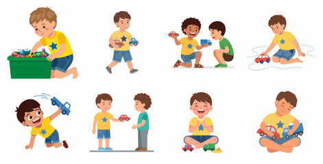 Fototapeta premium Set of Little Boys Playing with Toy Cars, Sharing and Tidying Up, Vector Cartoon Illustration of Children Preschool Activities