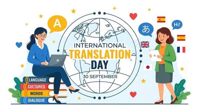 International translation day illustration with translators working on laptop and tablet
