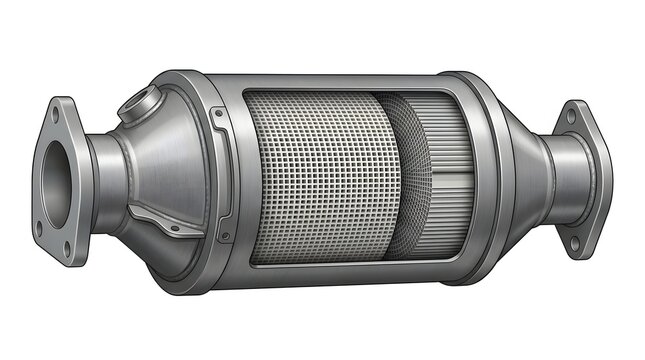 Automotive catalytic converter isolated on white background, 3D rendering of exhaust system component
