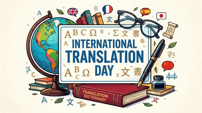 International translation day concept with globe, dictionary, glasses, and pens isolated on white background