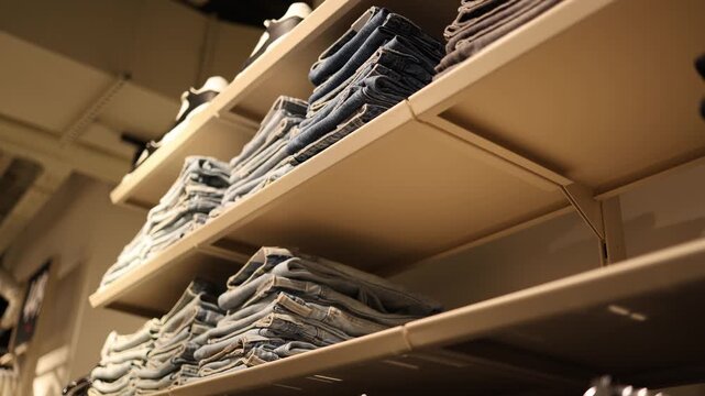Stacks of folded denim jeans arranged on retail store shelves showing blue casual clothing fashion merchandise selection and organized apparel display for shoppers inside