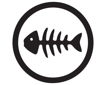 Fish skeleton icon inside a circular frame with fish bone dead fish black shape sea life black and white minimalist environment skeleton illustration isolated pollution wildlife interface