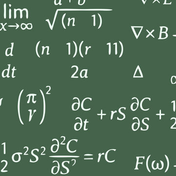 Hand drawn math formulas and physics equations on green chalkboard for university science educati...