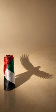 Rolled flag of the United Arab Emirates casting a falcon shaped shadow on a smooth beige floor, for national day and heritage campaigns