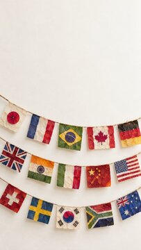 Bunting of world flags made from pressed flower petals, featuring delicate organic textures on a warm white background with copy space