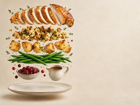 Roast turkey dinner components floating in an exploded view, featuring savory sliced meat and vegetables on a cream background with copy space