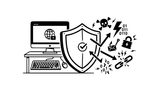 Cyber security concept illustration showing a shield protecting a computer from online threats and malware with security computer protection internet business technology information