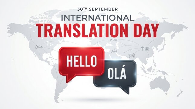 International translation day celebration with world map and speech bubbles