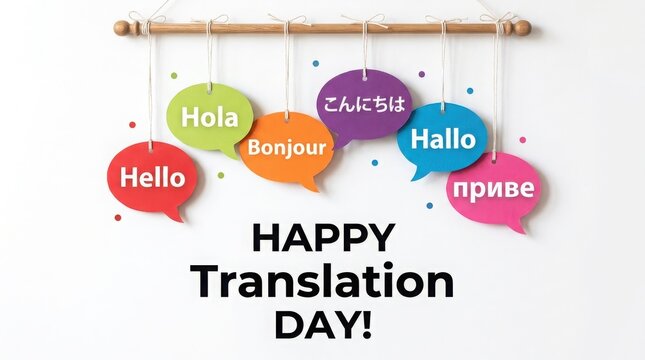 Happy translation day greeting with speech bubbles in various languages isolated on white background