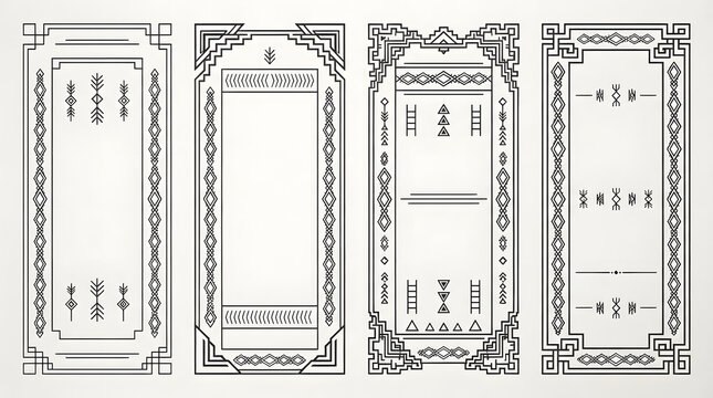 Set of four minimalist ethnic decorative frames with geometric patterns and central copy space