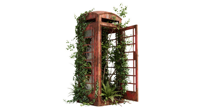 Vintage red telephone booth overgrown with green ivy, abandoned rusty phone box with climbing plants, post-apocalyptic urban decay aesthetic isolated PNG with Transparent Background