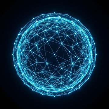 Glowing blue digital network sphere with interconnected lines and nodes on a dark background
