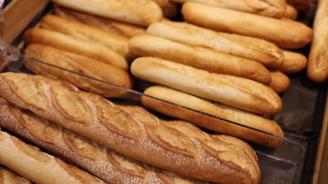 Fresh baguettes and bread loaves arranged in supermarket bakery display offering crusty baked goods and traditional bread assortment for customers shopping for daily food
