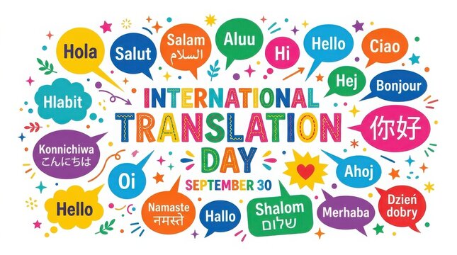 International translation day poster with speech bubbles in various languages