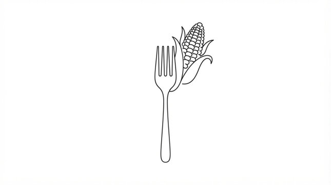  Vegetarian restaurant fork and corn continuous line art logo