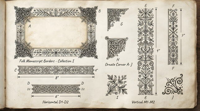 Vintage manuscript page featuring intricate black ink floral borders and decorative corner ornaments