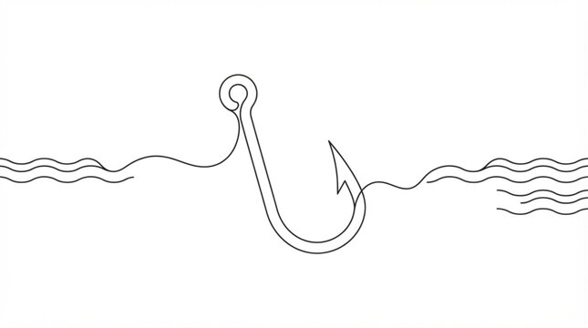 Continuous one line art fishing hook ocean wave baseline icon