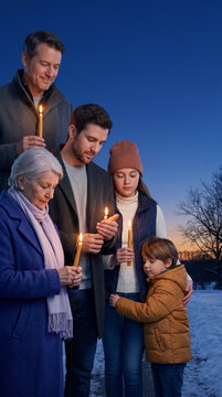 Family holding candles during a winter solstice vigil at dusk  