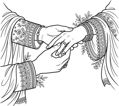 Indian bride and groom exchanging wedding rings vector line art