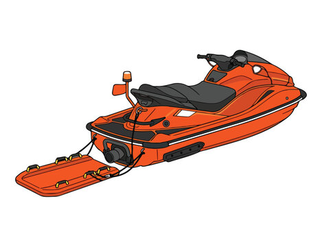 An orange rescue jet ski with a rear rescue sled attached for water safety operations.