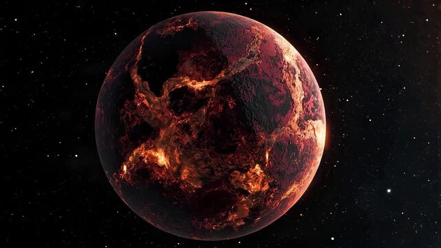 4K Video of a mysterious dark red rocky planet with glowing surface details floating in deep space.