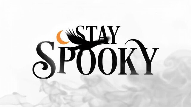 Stay spooky typography design featuring a black raven silhouette and a crescent moon on a white background.