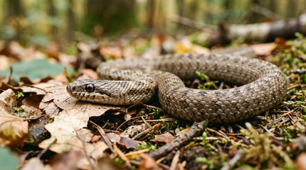Fototapeta premium wild snake resting on forest floor among fallen leaves