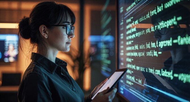 Female Programmer Coding Software Development with Tablet and Computer Screen