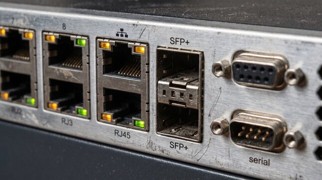 Close up of ethernet and serial ports on a network switch