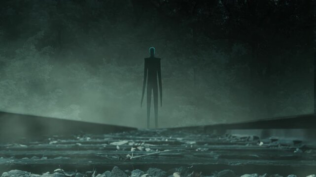 Slenderman on Forest Tracks 4K Loop features a slenderman creature standing on railroad tracks moving slightly with trees moving in the background and fog in a loop.