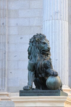 Statue of a lion on the facade of the Congress of Deputies in Madrid, capital of Spain