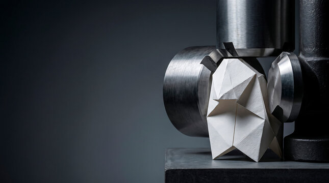 White Origami Bird Sculpture Pressed by Industrial Metal Cylinders in Minimalist Conceptual Setting