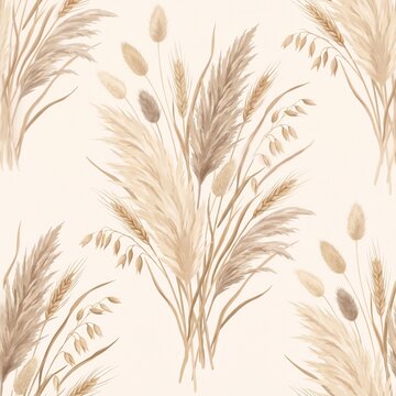 An elegant seamless pattern of dried pampas grass and wild grasses in soft beige, cream and sand earthy tones. Subtle matte