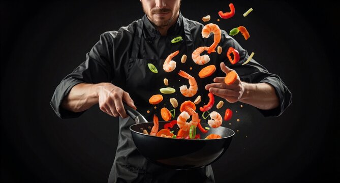 Professional Chef Stir-Frying Shrimp and Vegetables in Wok with Flying Food Action Shot