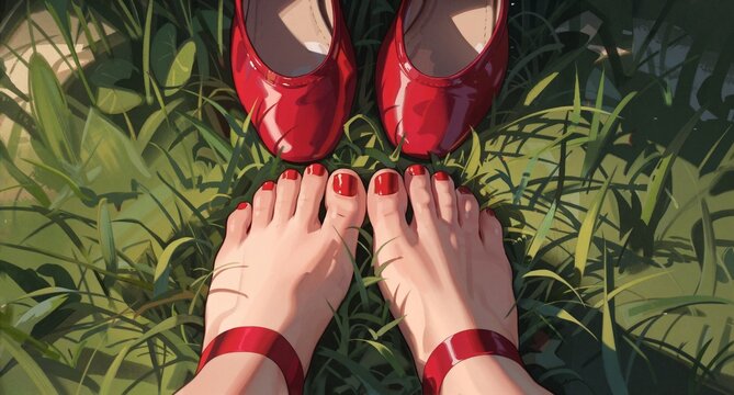 Barefoot Feet and Red Shoes in Grass