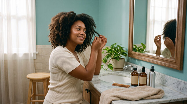 woman styling her curly hair looking at her reflection in the bathroom mirror