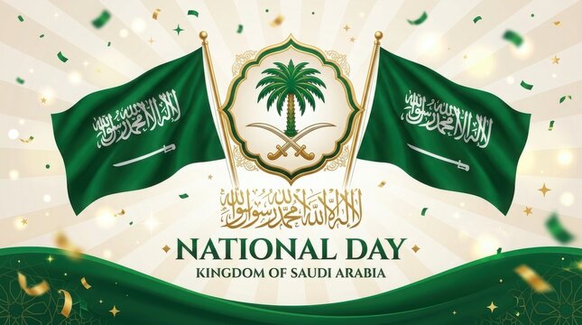 Saudi arabia national day celebration with national flags, palm tree, and crossed swords emblem