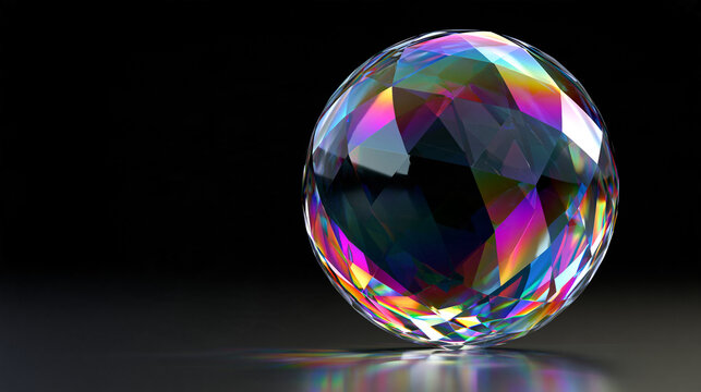 3D Render of a faceted iridescent crystal sphere on dark background