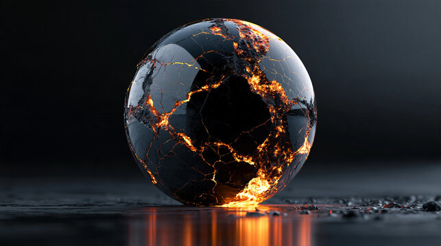 3D Render of a cracked obsidian sphere glowing with molten fire