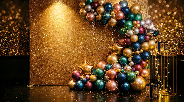 Festive balloon arch with shiny gold and dark green decorations for a luxury party celebration event background