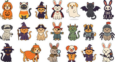 Fototapeta premium Set of cute cartoon animals wearing various costumes for a fun halloween celebration and festive party decoration